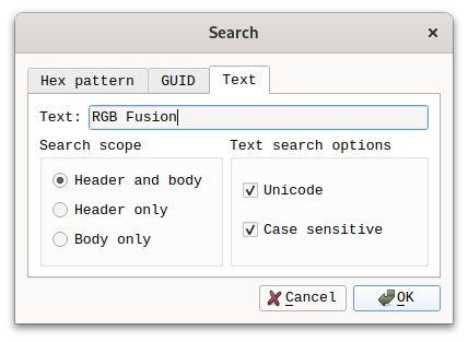 Screenshot of the UEFITool search dialog